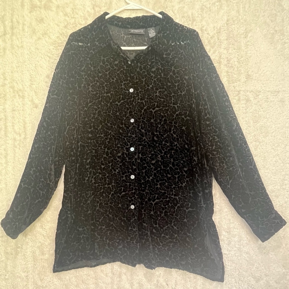 Women's Black Silk Velvet Burnout Button Up Top Shirt Sz 14 Whimsigoth Witchy